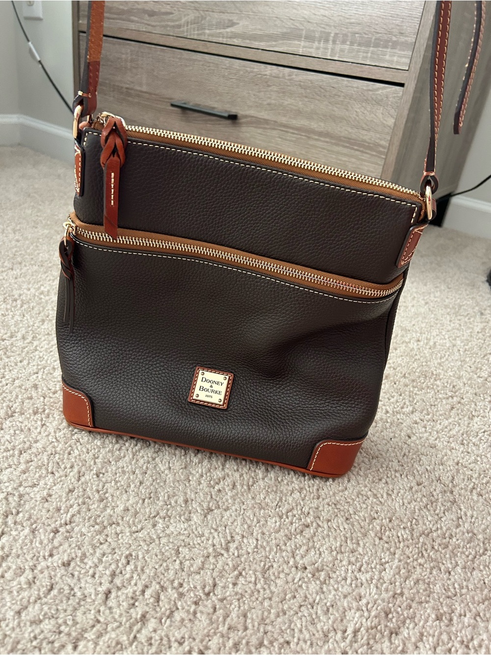 Dooney & Bourke Dark Brown Pebbled Leather Crossbody with Tan Trim